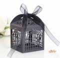 Detail of black laser-cut birdcage candy box with elegant silk ribbon for wedding - Black Khaki