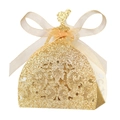 Glittering gold gown-shaped wedding favor box with champagne silk bow on white background - Glitter Golden Yellow