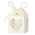 Detail of ivory laser-cut heart candy box with elegant ribbon and geometric patterns - Ivory