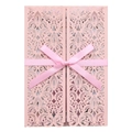 Pink laser-cut wedding invitation featuring elegant hollow patterns and a satin ribbon bow - Light Pink