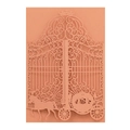 Laser-cut rose gold wedding invitation cover featuring an elegant horse carriage design - Bronze