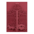 Detail of burgundy laser cut wedding card featuring crown and pumpkin carriage design - Dark Red