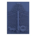 Laser cut dark blue wedding invitation featuring a royal crown and horse carriage design - Phantom Blue