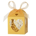 Detail of gold hollow heart laser-cut candy box with sheer organza ribbon bow - Gold