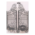 Detail of laser-cut black glitter invitation featuring a carriage and royal gate - Gray