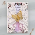 Invitation de mariage découpée au laser avec papillon doré et ruban de soie blanc - Ivoire