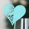 Sky blue heart laser-cut wine glass place card with pearl shimmer for wedding table decor - Teal