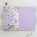 Detailed laser-cut purple invitation sleeve with floral inner card on white background - Lilac Purple