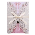 Silver glitter laser-cut Quinceañera invitation card with pink ribbon and girl design - Thick Silver 91#