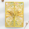 Glitter gold laser-cut wedding invitation with elegant 3D butterfly and silk ribbon - Glitter Bold Gold Style (93#)