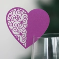 Detail of laser-cut heart-shaped wine glass card in purple pearlescent paper for parties - Dark Purple