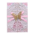 Hochzeitseinladung in Rosa-Glitzer mit Laserschnitt, Seidenband und Gold-Schmetterling - Rosa 44#