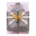 Grey glitter laser cut wedding invitation with hollow butterfly and satin ribbon bow - Gray