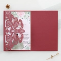 Elegant burgundy laser-cut lace wedding invitation with floral insert and gold accents - Dark Red