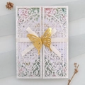 Detail of silver glitter laser cut invitation with 3D gold butterfly and satin ribbon - Glitter Bold Silver Style (91#)