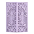 Detail of laser-cut lavender wedding invitation with intricate floral gate pattern - Lilac Purple