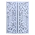 Close-up of laser-cut gatefold wedding invitation with intricate vine patterns - Fog Blue