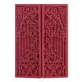 Detail of laser-cut burgundy wedding invitation featuring intricate baroque floral patterns - Dark Red