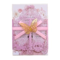 Pink glitter laser cut carriage invitation with gold butterfly and ribbon detail - Rose Pink