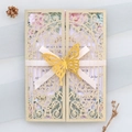 Detail of gold glitter laser-cut wedding invitation with floral insert and 3D butterfly - Light Gold Style (42#)