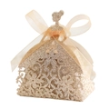 Detalle de la caja de dulces con forma de vestido cortado con láser con purpurina y lazo oro - Oro rosa