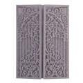 Detail of laser-cut gate design on pearlescent lavender gray wedding invitation cover - Silver Charcoal
