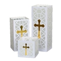 Set de 3 farolillos blancos con cruz dorada y diseño calado para decoración - Modelo Cruz Adhesiva Grande Mediano Pequeño Paquete de 12