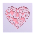Close-up of laser-cut Mother's Day card featuring purple MUM lettering and butterfly - White Card + Pink Inner Page