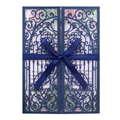 Invitation de mariage bleu marine découpée au laser avec ruban et carte fleurie - Bleu Fantôme