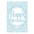 Biglietto Happy Birthday azzurro intagliato al laser con pizzo floreale e motivi farfalla - Blu Chiaro Perlato