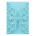 Navy blue laser-cut wedding invitation cover with intricate floral pattern on white background - Tiffany Blue