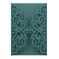 Close-up of laser-cut damask patterns on premium dark green wedding invitation card - Ink Green
