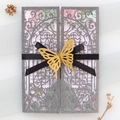 Laser cut glitter wedding invitation with silver envelope, black ribbon and gold butterfly - Gray Style (51#)