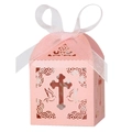 Pink laser-cut cross gift box with bird pattern and white ribbon for wedding party favor - Pink