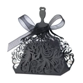 Elegant black laser-cut dress-shaped wedding candy box with delicate vine patterns and ribbon - Black Khaki