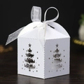 White laser-cut Christmas tree candy box with white organza ribbon bow for wedding party - White