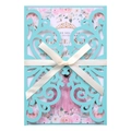 Laser cut quinceañera invitation with teal window sleeve and champagne satin bow - Tiffany Blue