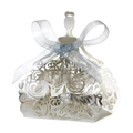 Detailed laser-cut silver wedding candy box in elegant dress shape with ribbon bow - Reflective Silver