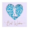 Laser cut greeting card with heart couple silhouette and gold Best Wishes text - White Card + Sky Blue Inner Page