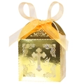 Macro view of laser-cut cross and dove patterns on golden cardstock favor box - Reflective Gold