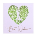 Laser cut heart greeting card with couple silhouette and Best Wishes gold foil text - White With Bright Green Inner