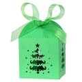 Green laser-cut Christmas tree candy box with silk ribbon bow on white background - Dark Green