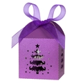 Macro shot of laser-cut Christmas tree pattern and purple satin ribbon bow on gift box - Dark Purple