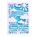 Carte Happy Birthday découpée au laser avec arc-en-ciel et nuages bleu et blanc - Blanc + Page intérieure bleue