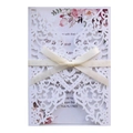 Laser cut heart wedding invitation with cream ribbon and floral inner card detail - White