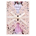 Laser cut lace invitation card with orange cover, white silk ribbon and floral insert card - Nude Pink