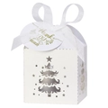 Macro shot of white laser-cut Christmas tree favor box with silk ribbon and thank you tag - White (With Thank You Tag)
