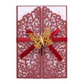 Elegant red laser-cut wedding invitation with gold butterfly and silk ribbon bow - Dark Red