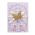 Προσκλητήριο γάμου laser cut με μπεζ φιόγκο και χρυσή πεταλούδα σε λευκό χαρτόνι - Λευκό