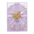 Elegant purple laser-cut wedding invitation with silk ribbon and golden butterfly detail - Lilac Purple